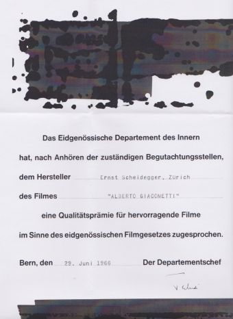 Auszeichnung der Eidgenossenschaft für Scheideggers Film "Alberto Giacometti"