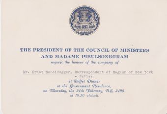 Einladung für Ernst Scheidegger als Vertreter von Magnum zu einem Nachtessen des Königs von Burma