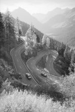The famous hairpin bends of Maloja winding down to Bergell