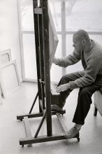 Bill in front of a canvas in his studio in Höngg