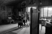 Giacometti painting a portrait of his wife Annette in his studio in Stampa